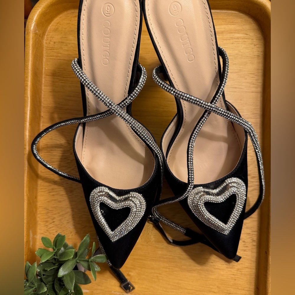 Rhinestone Triple Heart Platform Ankle Strap Pointed Toe Party Statement Heel 9 - Picture 3 of 13